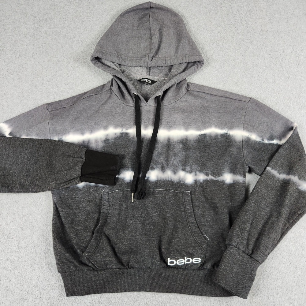Bebe Sport Hoodie Womens S Gray Black Tie Dye Fleece Lined Regular Fit Pullover